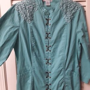 Blue Aqua Embroidered Boho Steampunk Buckle Top L